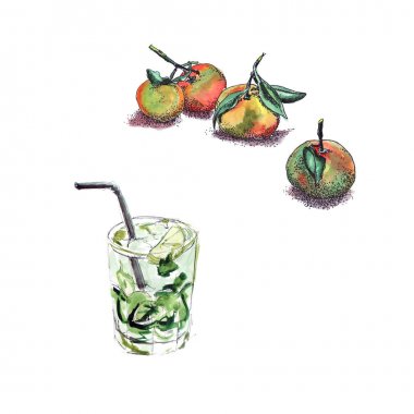 Suluboya ve pointe ve serin kokteyl mojito suluboya ile soğutma sulu ile parlak ve sulu mandalina