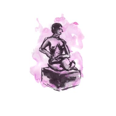 Siyah mürekkep - çıplak kadın figürü suluboya bir zemin üzerine hızlı eskiz