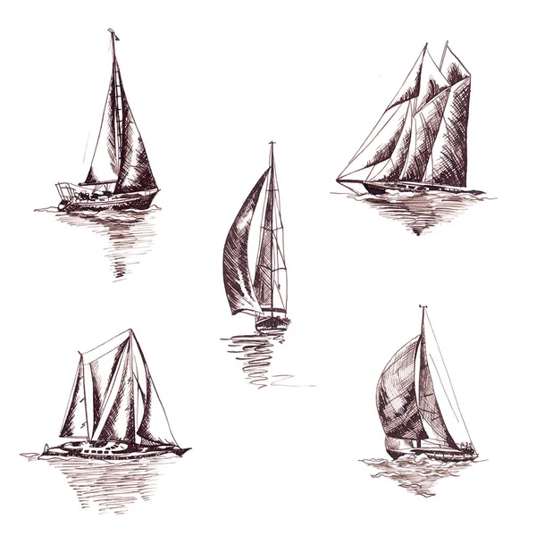 Sailing Yachts Ships Graphic Style Made Brown Ink — Stock Photo, Image