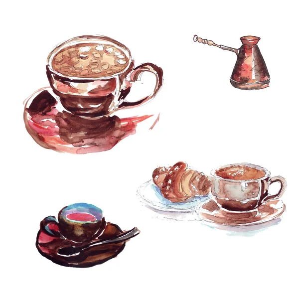 Eine Große Tasse Kaffee Mit Marshmallow Und Croissant Eine Kleine — Stockfoto