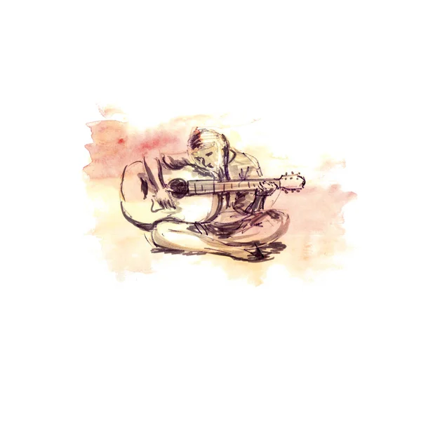 Girl Playing Guitar Watercolor Sketch Black Ink — Stock Photo, Image