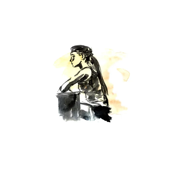 Девушка Профиль Перед Монитором Акварель Черными Чернилами — стоковое фото