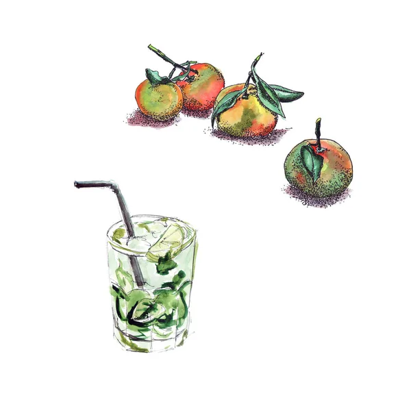 Világos Lédús Mandarin Akvarellek Pointe Szaftos Frissítő Koktél Mojito Akvarell — Stock Fotó