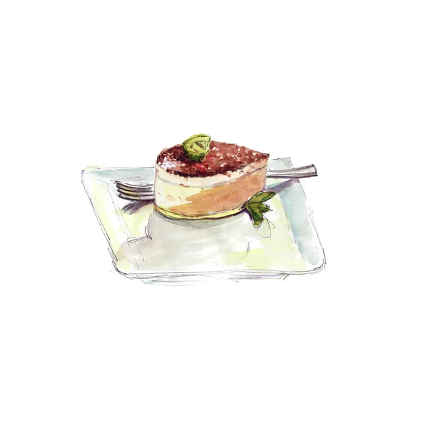 Elegant Dessert Tårta Med Mynta Blad Och Lime Skiva Serveras — Stockfoto