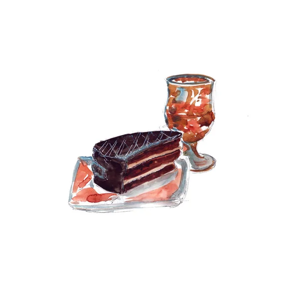 Watercolor Sketch Piece Chocolate Cake Glaze Coffee Drink — Stock Photo, Image