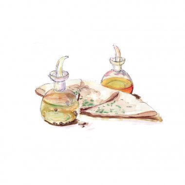 Güzel kokulu taze çeşitler ve cam şişe yağ ile sirke - suluboya kroki ile