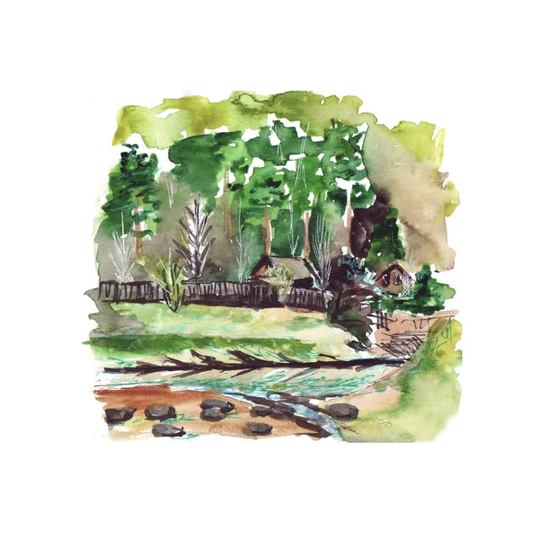 水彩剪影 河的高银行的木房子 — 图库照片