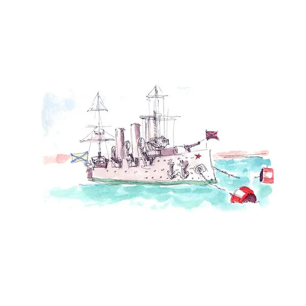 Museu Antigo Navio Guerra Aurora Esboço Aquarela — Fotografia de Stock