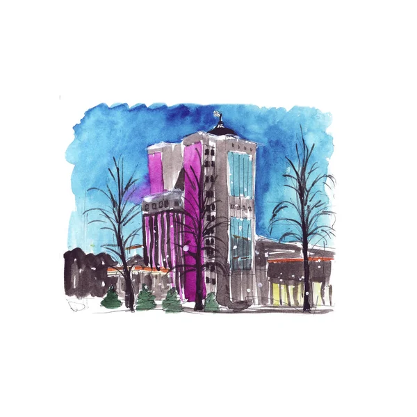 Modern University Building Night Watercolor Sketch — Stock Photo, Image