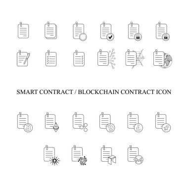 İş raporu için aktif kripto para birimi detaylarına sahip akıllı sözleşme ve engelleme sözleşmesi simgeleri. Vektör çizimi. İş ve bitcoin şifreleme kavramı