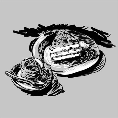 Gri arkaplanda siyah ve beyaz çizimler - bir fincan çay demliği kahve tabağında bir parça kek. El çizimi çizimi - vektör illüstrasyonu