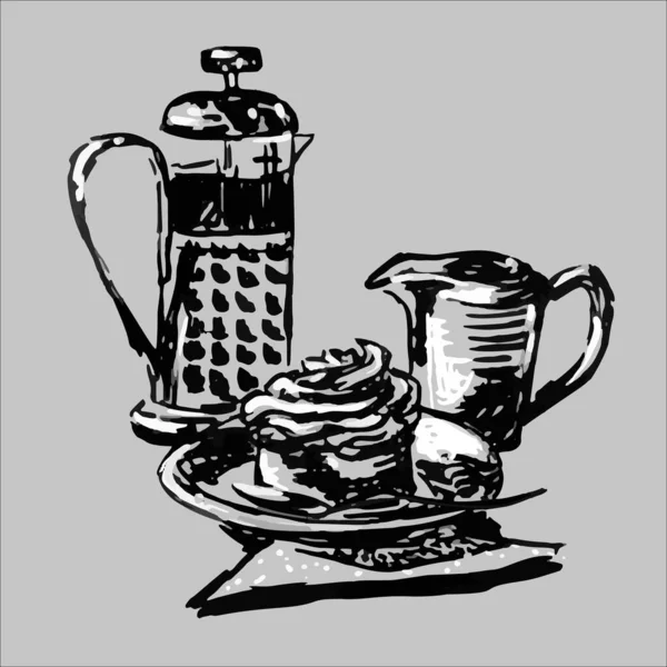 Schwarz-weiße Zeichnung auf grauem Hintergrund - Tasse Tee Teekanne Kaffee Presse Stück Kuchen auf einem Teller. handgezeichnete Skizze - Vektorillustration — Stockvektor