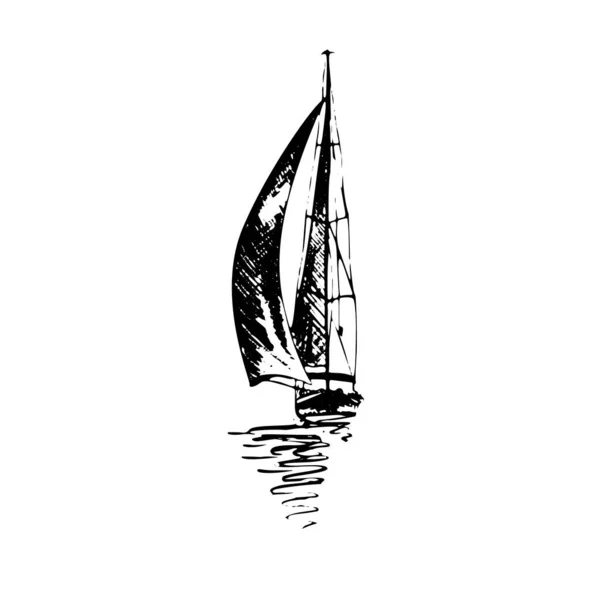 黒インクで作られたグラフィックスタイルでヨットスクーナー船をセーリング-手描きベクトルイラスト — ストック写真