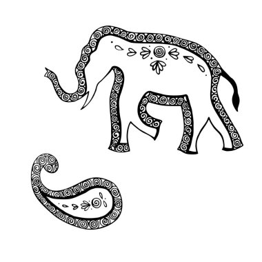 Hint süs fili ve desenli el çizimi siyah mürekkep vektör çizimi