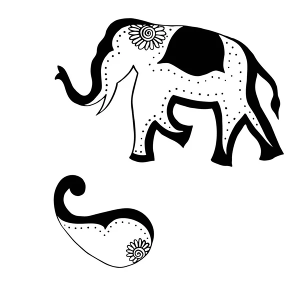 Indický ornament slon a paisley - ruční kresba v černém inkoustu vektorové ilustrace — Stockový vektor