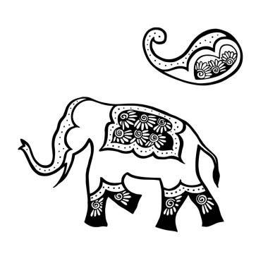 Hint süs fili ve desenli el çizimi siyah mürekkep vektör çizimi