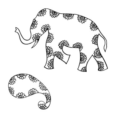 Hint süs fili ve desenli el çizimi siyah mürekkep vektör çizimi