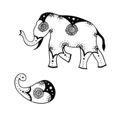 Hint süs fili ve desenli el çizimi siyah mürekkep vektör çizimi