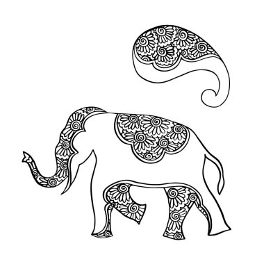 Hint süs fili ve desenli el çizimi siyah mürekkep vektör çizimi