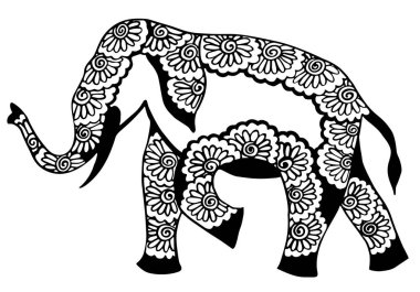 Hint süs fili ve desenli el çizimi siyah mürekkep vektör çizimi