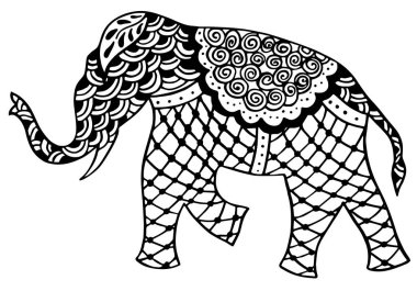 Hint süs fili ve desenli el çizimi siyah mürekkep vektör çizimi