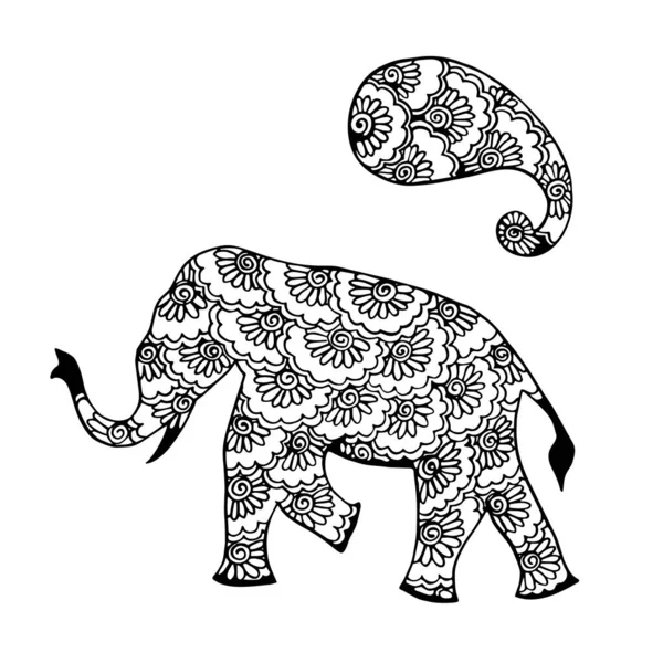 Hint süs fili ve desenli el çizimi siyah mürekkep vektör çizimi