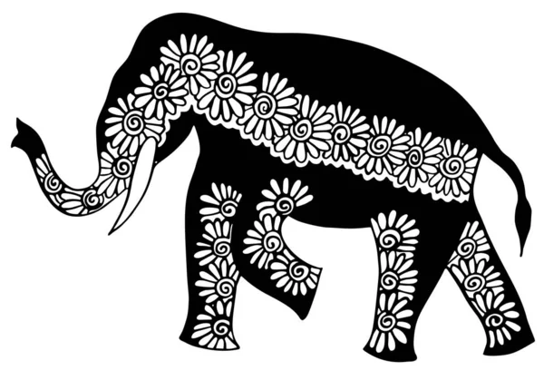 Indian ornament elephant and paisley - hand drawing in black ink vector illustration — Stock Vector