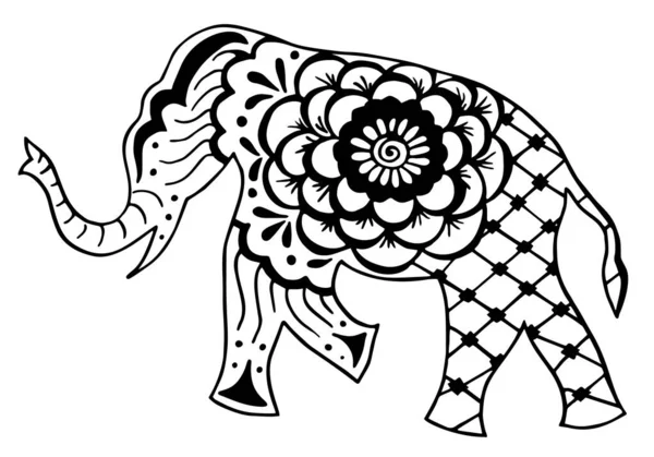 印度装饰品大象和帕斯莱手绘黑色油墨矢量图解 — 图库矢量图片