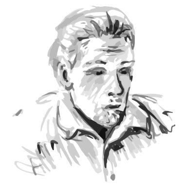 Sakalsız dalgın bir adam üzgün bir yetişkin - hızlı siyah beyaz çizim vektör çizimi