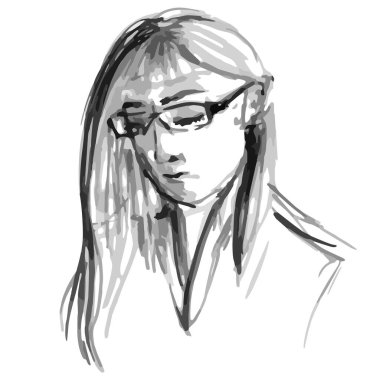 Gözlüklü ciddi ve katı bir kadın hızlı siyah beyaz çizim vektör çizimi okuyor.