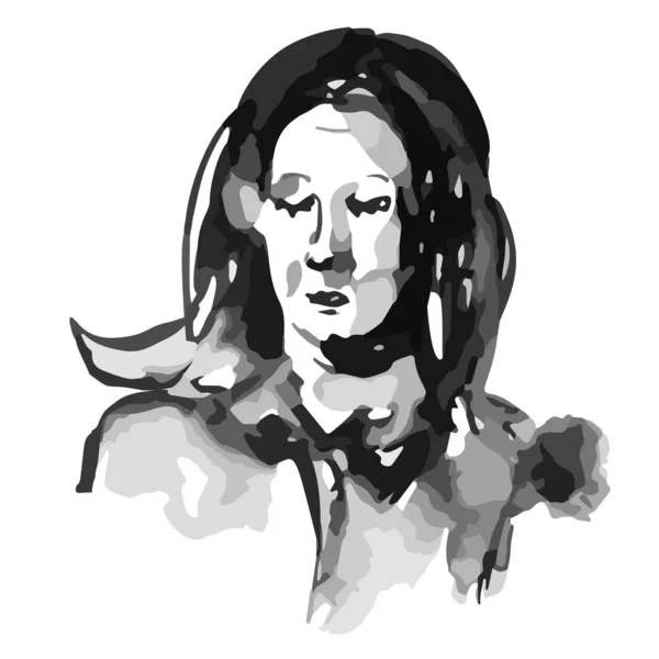 Tråkig flicka svart och vitt snabb skiss av huvud händer siluett figur - Stock Vector Frihand illustration — Stock vektor