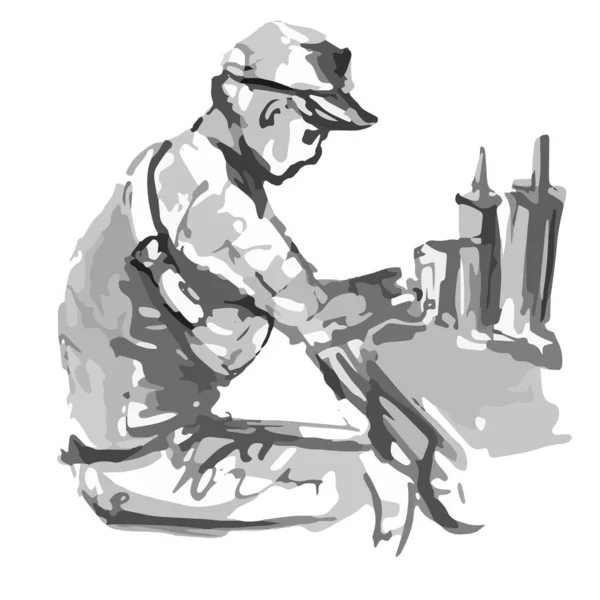 Homme pensif sans barbe dans une casquette mange un hamburger dans un café illustration vectorielle croquis rapide noir et blanc à main levée — Image vectorielle