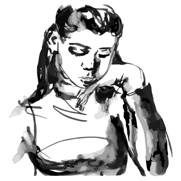 Triste fille noir et blanc croquis rapide de la tête mains silhouette figure - Image vectorielle de stock Freehand — Image vectorielle