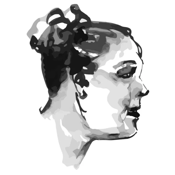 Portrait de profil d'une femme potelée pleine de rousseur avec des boucles amusantes vintage rétro - illustration vectorielle croquis rapide noir et blanc à main levée — Image vectorielle