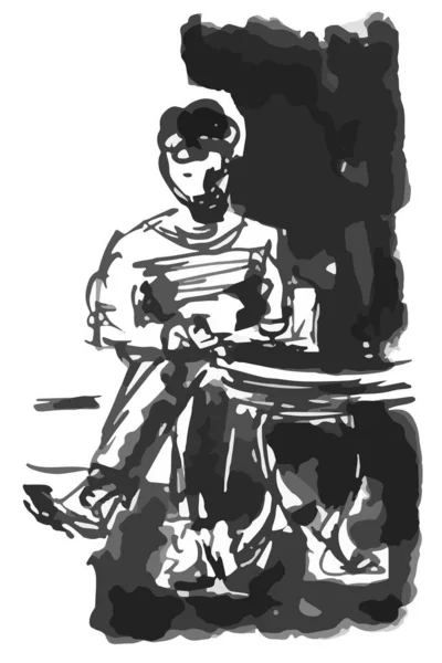 Man med skägg affärsman vid en bärbar dator i en mössa vid ett bord i ett café - snabb svart och vit skiss för hand vektor illustration — Stock vektor