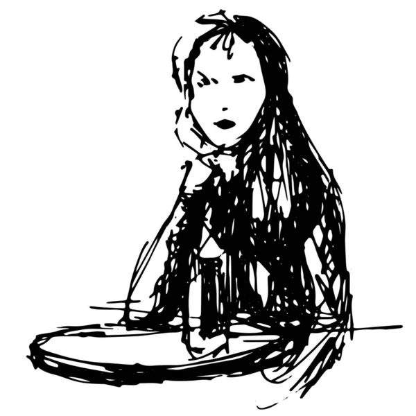 Грустная девушка черно-белый быстрый эскиз головы руки силуэт фигуры - Stock Vector Freehand иллюстрация — стоковый вектор