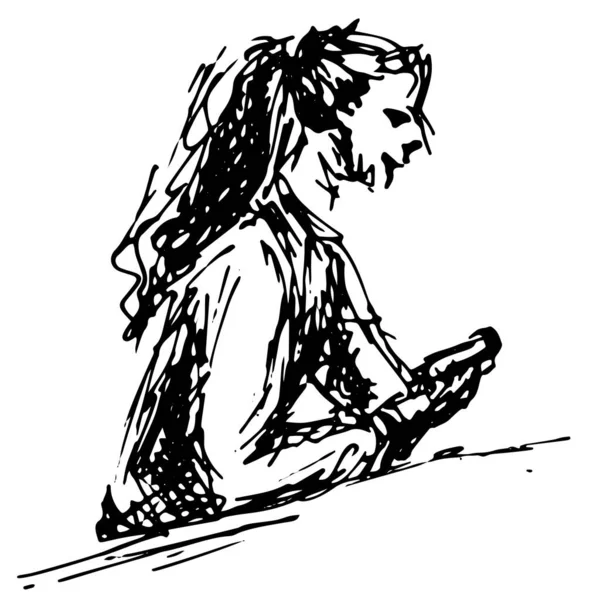 Figur av en glad flicka i profil med en telefon vid ett bord i ett café student - snabb svart och vit frihand skiss vektor illustration — Stock vektor