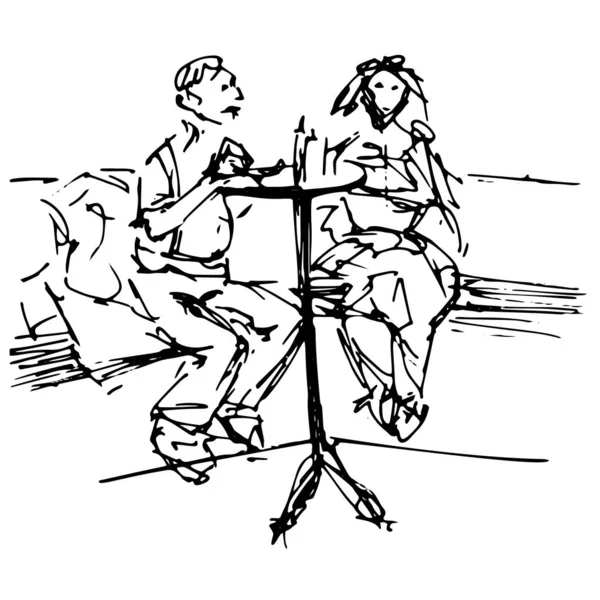 Älskade par vid ett bord i ett café - snabb svart och vit frihand skiss vektor illustration — Stock vektor