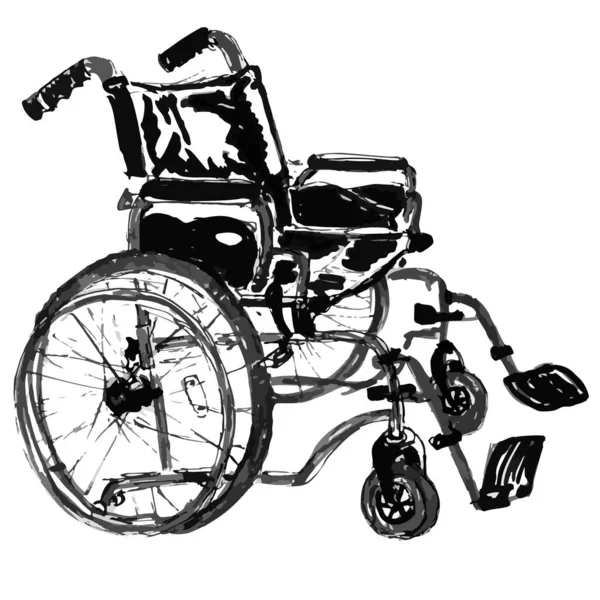 Sedia a rotelle ospedale anziano assistenza attrezzature inchiostro nero mano disegno vettoriale illustrazione — Vettoriale Stock