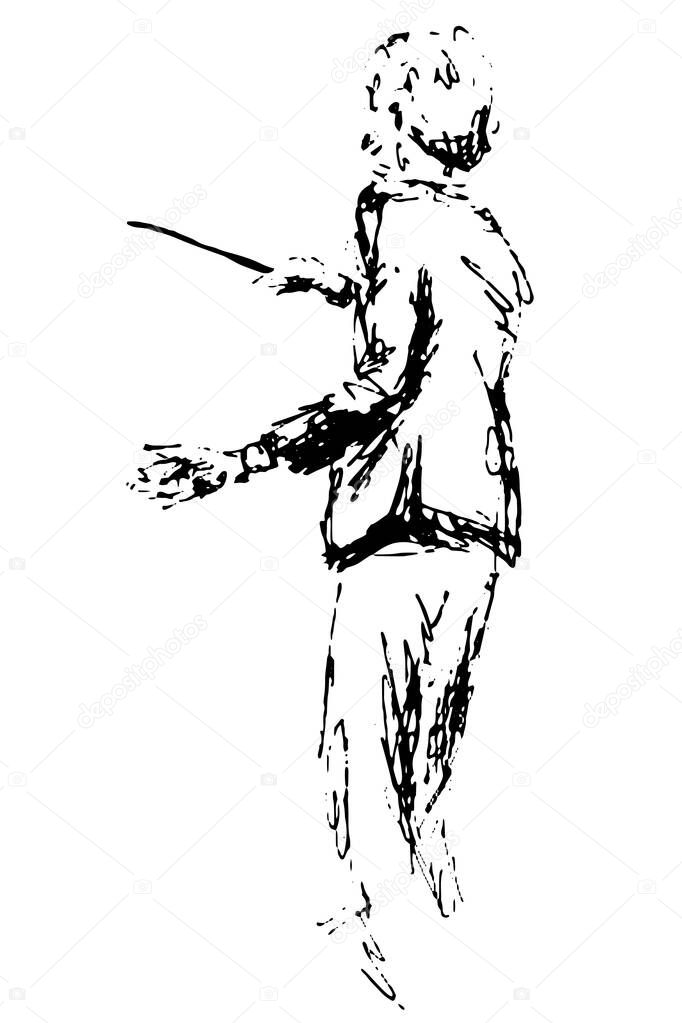 Symphony orchestra conductor silhouette linear sketch emotion passion music - black ink hand drawing vector illustration