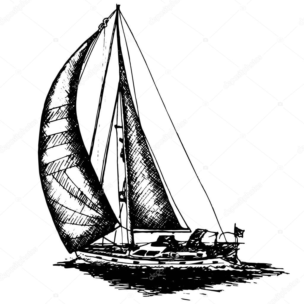 Ship sailing yacht boat antique vintage antique black ink hand drawing vector illustration