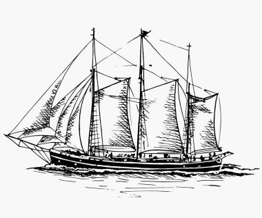 Gemi yelkenlisi yat antika antika antika siyah mürekkep el çizimi vektör illüstrasyonu