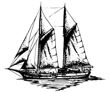 Gemi yelkenlisi yat antika antika antika siyah mürekkep el çizimi vektör illüstrasyonu