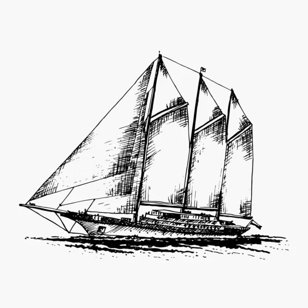 Barco yate de vela barco antiguo vintage tinta negra mano dibujo vector ilustración — Vector de stock