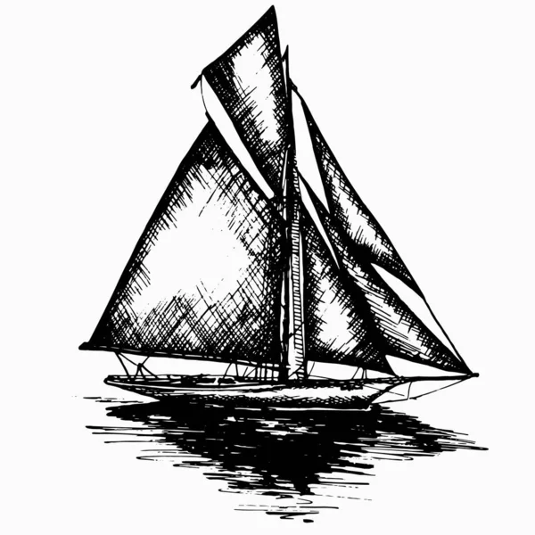 Barco yate de vela barco antiguo vintage tinta negra mano dibujo vector ilustración — Vector de stock