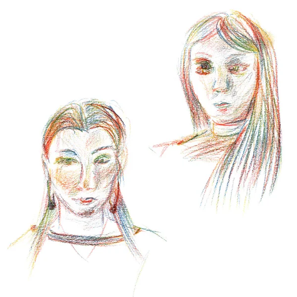 Kvinnligt porträtt av flickor full ansikte - snabb slarvig illustration med färgade pennor — Stockfoto