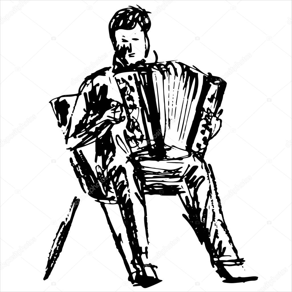 Musical instrument accordionist sit - black and white hand draw vector illustration