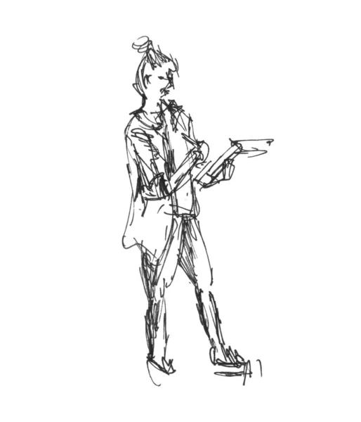 Artista desenha uma mulher de pé menina esboço desenhado à mão ilustração com forro marcador — Fotografia de Stock