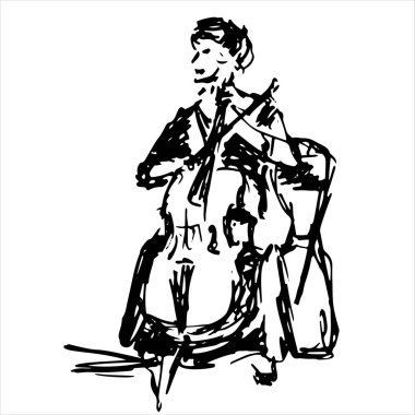 Çellocu kadın çello çalıyor ve çello vektör silueti çalıyor. Müzik sanatçısı kız telli çalgı çalar. Cazcı kadın sokak sanatçısı. Müzisyen çello çalıyor. Halk için eğlence. Klasik müzik etkinliği.