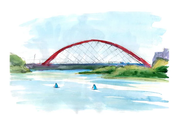 Moderne beau pont rouge incurvé à travers la rivière entre les rives du point de repère de Novossibirsk illustration aquarelle dessinée à la main — Photo